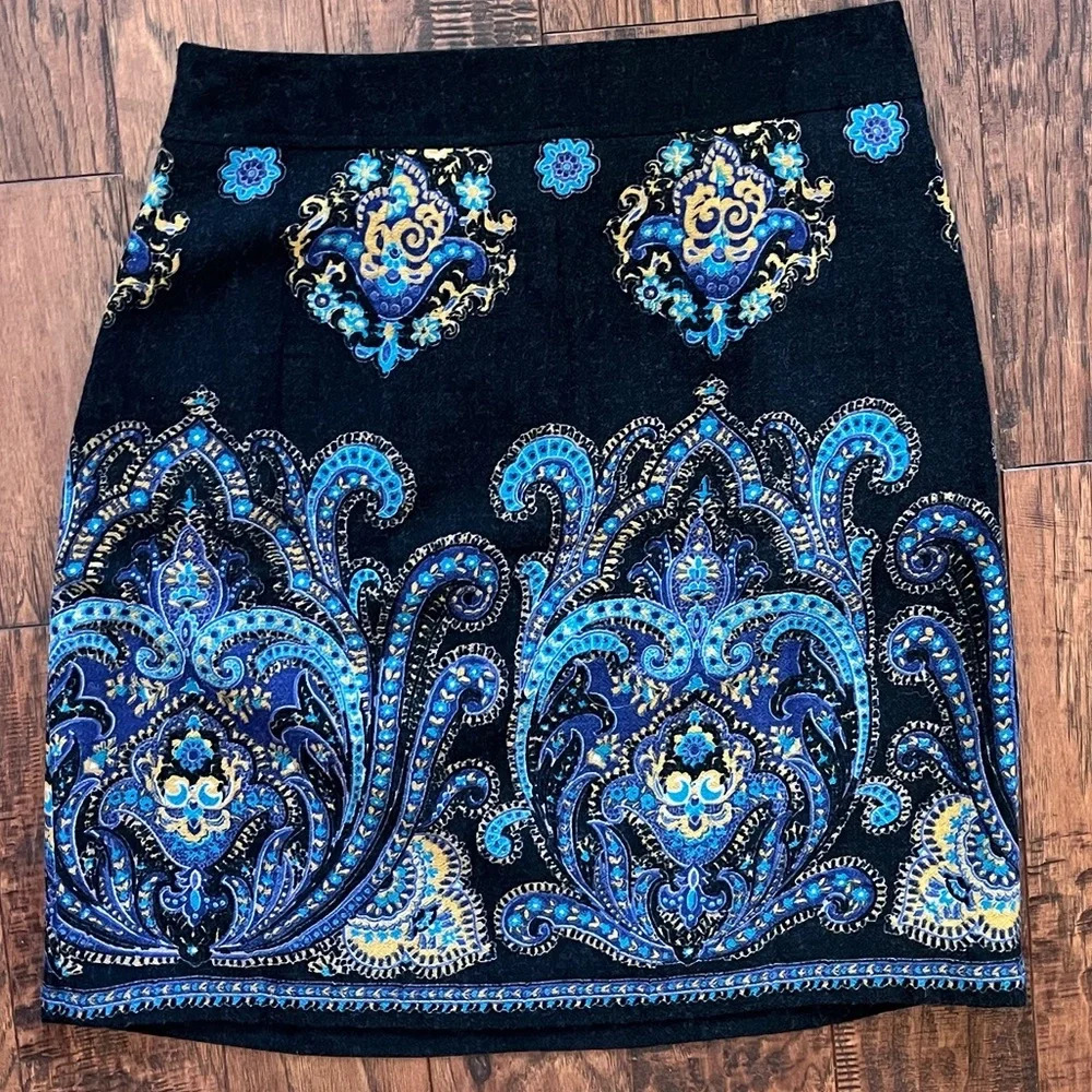 Lands' End Black Wool Paisley Lined Career Zip Pencil Straight Skirt, Size 10P - Picture 2 of 7